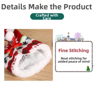 Detail of knitted Christmas bottle cover with reindeer patterns and plush lining