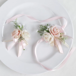 Boutonniere E Corsage Da Polso Con Rosa Artificiale Fiore Di Raso Nastro Di Raso Matrimonio Festa Ballo Damigella D'Onore Accessorio