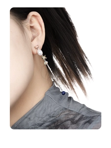 Detail view of long S925 silver fringe earrings with baroque pearls and colored zircons