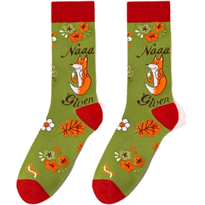 Detail of green knit socks featuring orange fox patterns and red toe accents