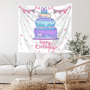 Detail of bohemian birthday tapestry featuring a colorful cake and Happy Birthday text