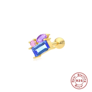 Gold S925 sterling silver stud earring with blue rectangular and purple marquise zircon
