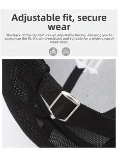 Detail of metal buckle on breathable camouflage mesh baseball cap with adjustable strap