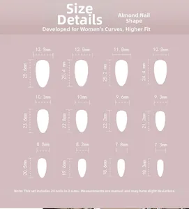 Detailed size chart for almond shaped press-on nails featuring 12 different dimensions