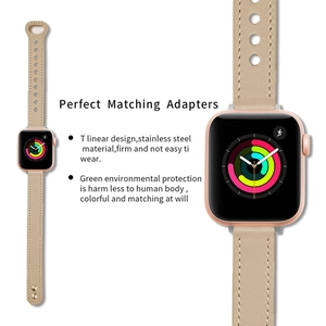 Detailed view of premium leather watch band designed for Apple Watch with steel adapters.