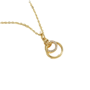 Minimalist gold interlocking double ring necklace with zircon pavé pendant for women