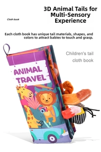 Detail of baby cloth book with 3D animal tails for tactile sensory and motor skills development