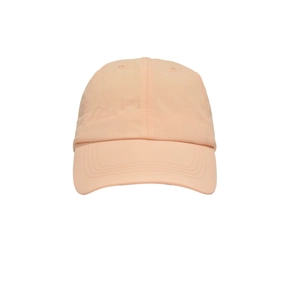 Detail of breathable quick-dry baseball cap in soft light orange with six-panel design