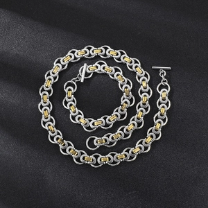 Two-piece gold and silver Byzantine chain necklace and bracelet set with T-bar toggle clasp