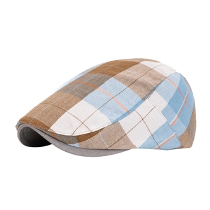 British vintage colorful plaid beret cap with blue and brown textured fabric for unisex