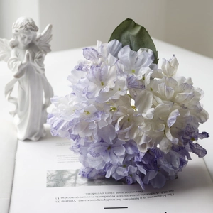 Macro detail of white and purple gradient hydrangea petals with elegant angel statue background
