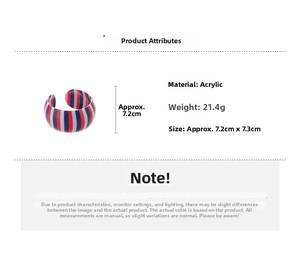 Detail view of wide acrylic striped cuff bracelet showing 7.2cm outer diameter and 21.4g weight