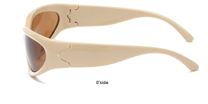Detail view of cream wrap-around sports sunglasses with amber lenses at a 45-degree angle