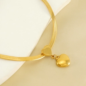 Minimalist 18K gold plated snake chain necklace featuring two polished heart pendants