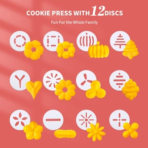 Manual cookie press set with 12 versatile patterned discs for various biscuit shapes