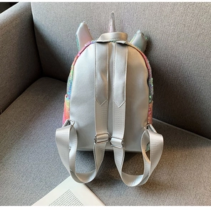 Detail of adjustable silver straps and colorful sequin back on unicorn backpack