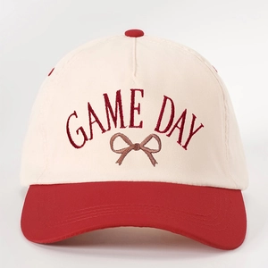 Retro GAME DAY baseball cap in cream and red with embroidery and a small bow