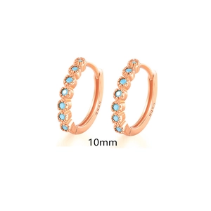 Detail of rose gold S925 sterling silver hoop earrings with blue stones and 10mm size