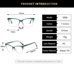Detailed sizing chart for square TR90 frame eyeglasses showing exact dimensions in millimeters