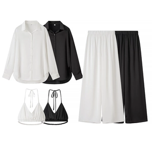 Ensemble 3 pièces en satin pour femme avec chemise, pantalon large et crop top noir et blanc
