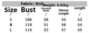 Detailed size chart for women's off-shoulder knit top including bust and weight info