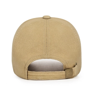 Khaki cotton baseball cap with adjustable metal buckle strap, back view on white background