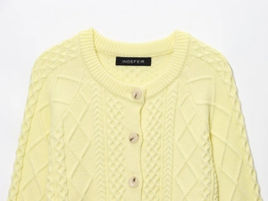 Detail of cable-knit texture and buttons on a pale yellow summer knit cardigan