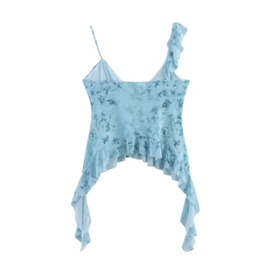Blaue Chiffon-Camisole mit Blumenmuster, asymmetrischem Rüschensaum und V-Ausschnitt-Detail