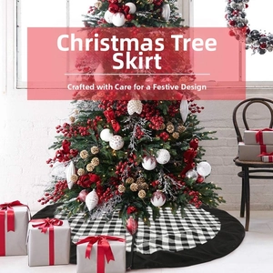 Macro detail of round black and white buffalo plaid Christmas tree skirt with black border