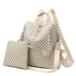Beige contrast-color backpack with vintage monogram print and matching pouch bag set