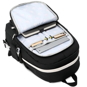 Detail view of large capacity backpack interior showing laptop sleeve and organized pockets