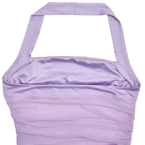 Detailed macro view of purple satin halter neck top with pleated mesh fabric textures