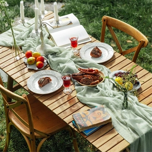 Sage green boho cheesecloth table runner for rustic wedding and outdoor party decor