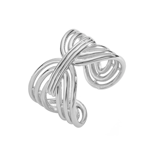 Macro detail of layered silver fluid lines and intertwined metallic open ring design