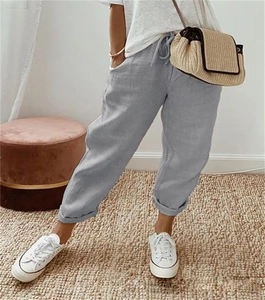 Damen Freizeithose aus Baumwolle und Leinen in Hellgrau mit Gummizug und Taschen
