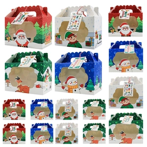 Christmas gift boxes with clear windows and Merry Christmas tags in four festive colors