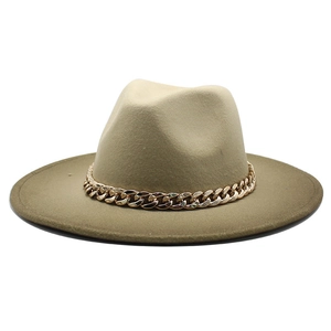 Khaki wool felt fedora hat with wide brim and decorative chunky gold chain link
