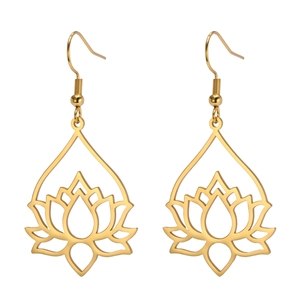 Elegant gold stainless steel lotus hollow teardrop earrings with bohemian style