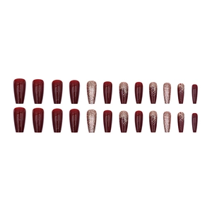 Long coffin burgundy glitter ombre press-on nails set with 24 shimmering wine red pieces