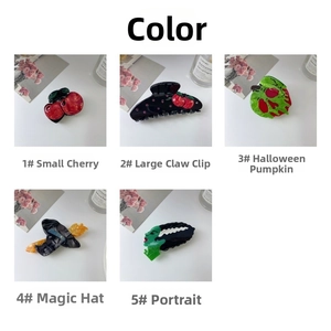 Detailed grid of Halloween hair claws featuring cherry, pumpkin, and magic hat designs