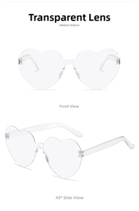 Macro detail of transparent heart-shaped rimless sunglasses from front and side angles