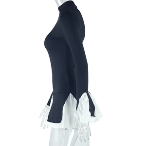 Detail of high neck long sleeve dress featuring black white contrast and ruffled hemline
