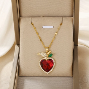 Apple Pendant Necklace Stainless Steel Red Heart Gemstone Gold Tone With Green Leaf Micro Pave Zircon Jewelry For Women