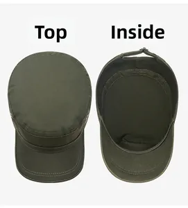 Detail view of cotton flat top army cap showing top structure and inner sweatband design