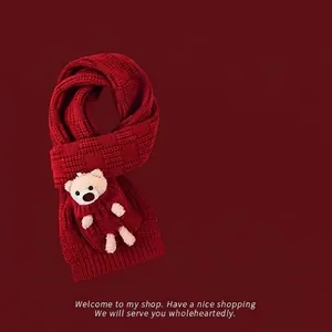 Winter red knitted scarf with cute white plush bear doll for women festive warm neck wrap