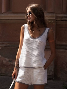 Women Viscose Crochet Knitted Vest And Shorts Contrast Piping Sleeveless U-Neck Summer Casual Beachwear
