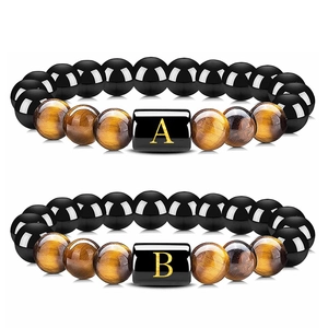 Bracelet Lettre Initiale Oeil De Tigre Naturel Obsidienne Noire Fait Main Perles Bijoux Élastiques Cadeau