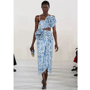 Floral print midi dress with 3D flower accents and sexy side cut-outs for vacation