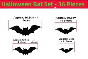 Size guide for 16-piece 3D Halloween bat wall stickers in four different wingspan dimensions