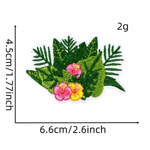 Detailed size chart showing dimensions and weight of tropical flower embroidery patch